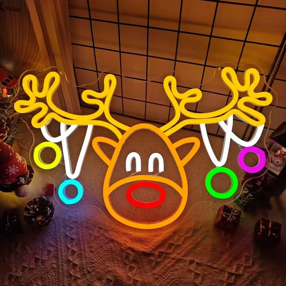 Christmas Reindeer Neon Sign Led Candy Dimmable Light Up Sign for Party Kids
